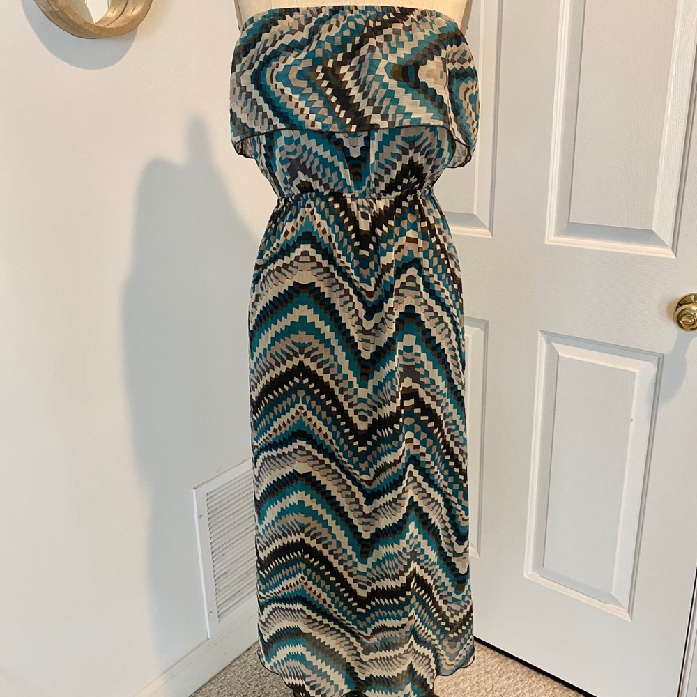 Strapless Teal Brown Pattern Dress